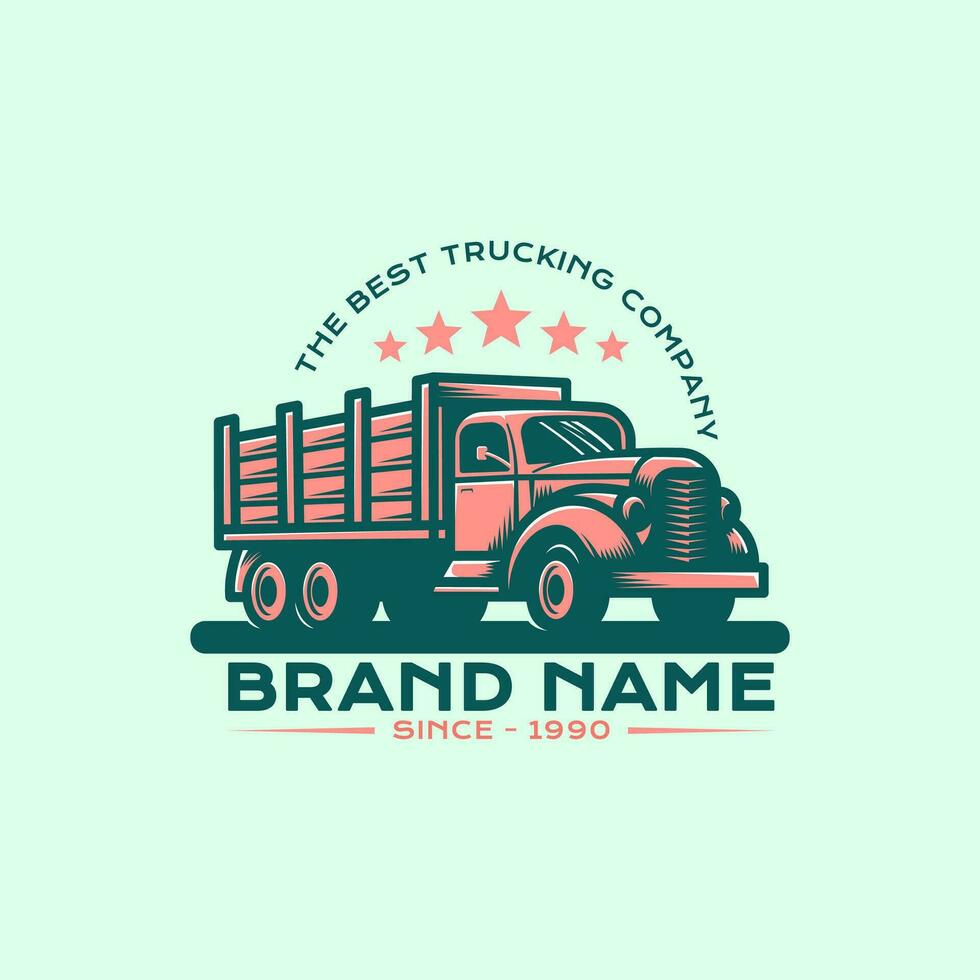 Logistic company logo in retro vintage vector illustration style. Old truck company brand identity.