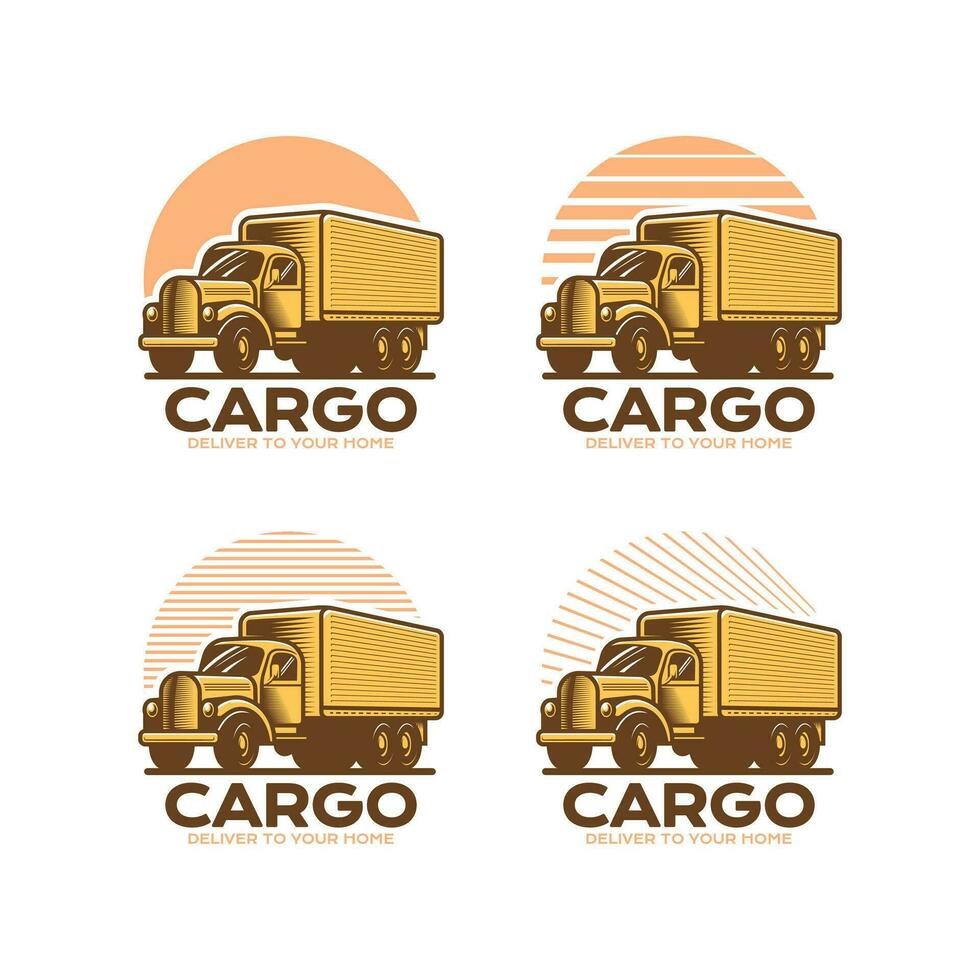 Logistic company logo in retro vintage vector set illustration style. Old truck company brand identity.