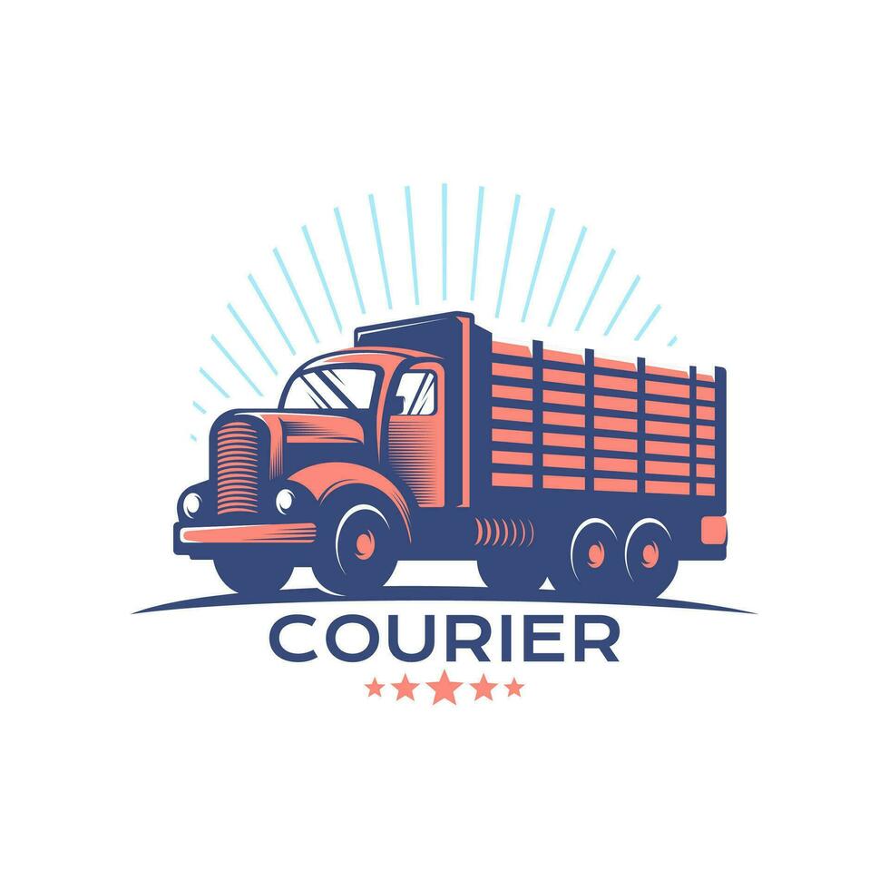 Logistic company logo in retro vintage vector illustration style. Old truck company brand identity.
