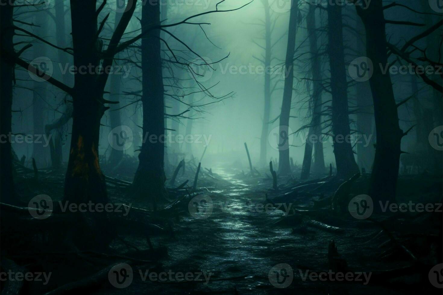 AI generated Creepy landscape Dark forest shrouded in haunted mist, 3D rendering photo