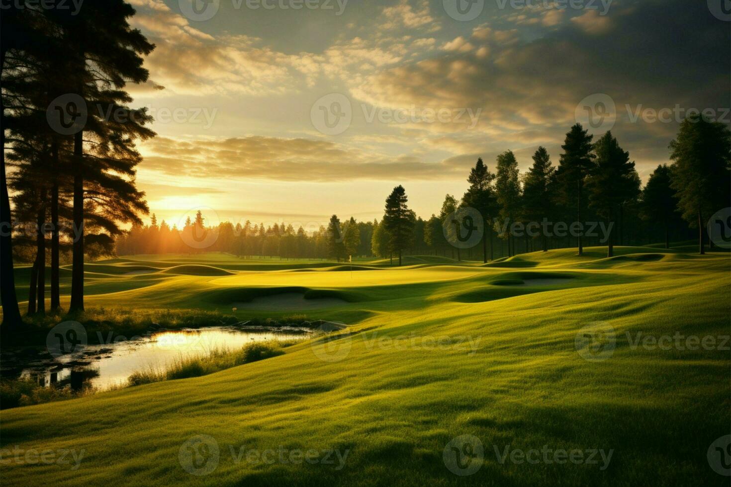 ai generado golf curso bañado en dorado luz de sol irradia un sereno y pintoresco belleza foto