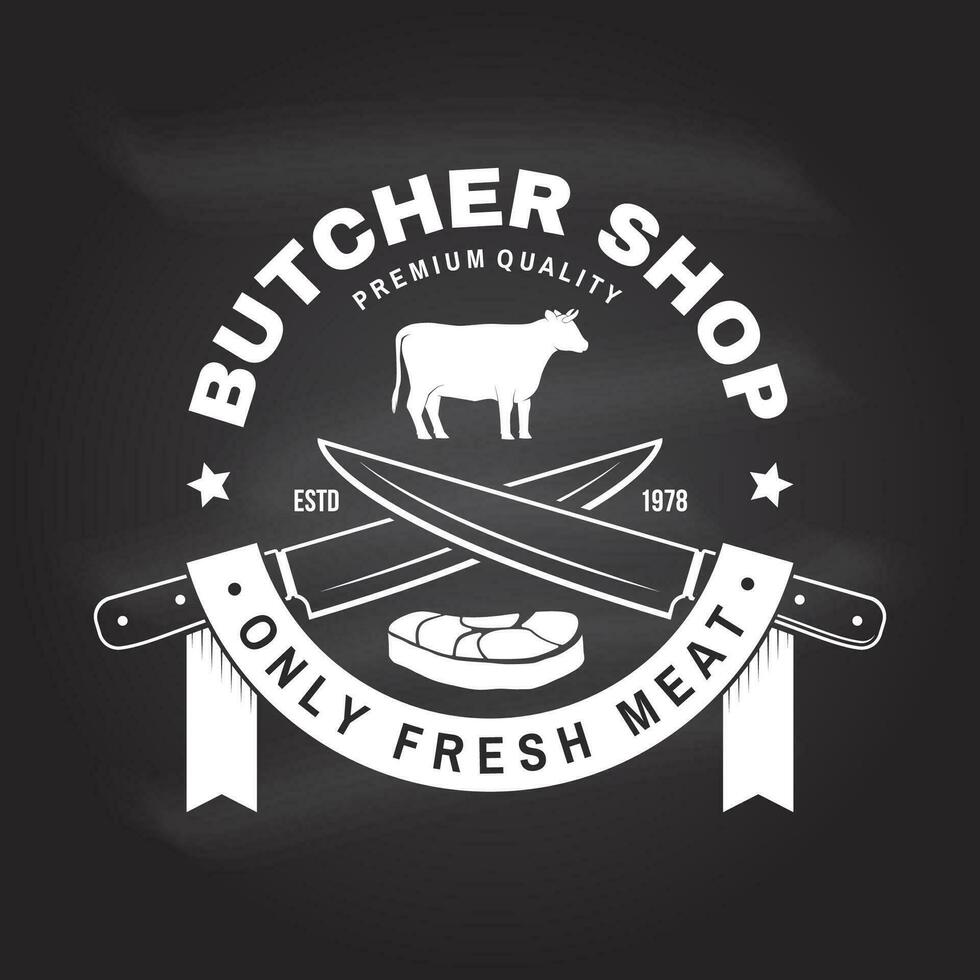 Butcher shop Badge or Label with cow, Beef. Vector. Vintage typography logo design with cow silhouette. Elements on the theme of the butchery meat shop, market, restaurant business. vector