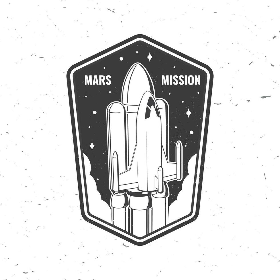 Mars mission logo, badge, patch. Vector. Concept for shirt, print, stamp, overlay or template. Vintage typography design with space rocket and mars silhouette. vector