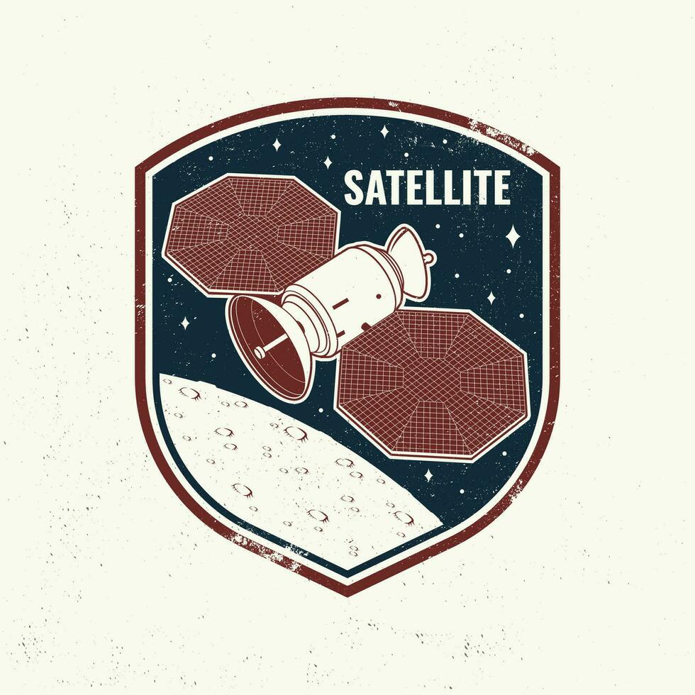 satélite logo, insignia, camisa, yo, diseño, impresión. vector. concepto para camisa, imprimir, estampilla, cubrir o modelo. Clásico tipografía diseño con espacio satélite platos y Marte silueta. vector