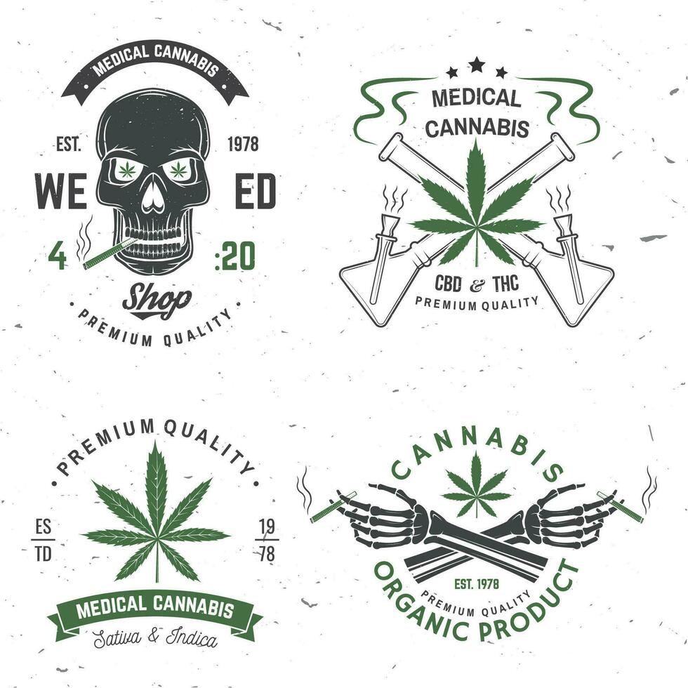 médico canabis insignia, etiqueta con esqueleto mano, de fumar marijuana vector. Clásico tipografía logo diseño con canabis, esqueleto mano silueta para hierba comercio, canabis, marijuana entrega Servicio vector