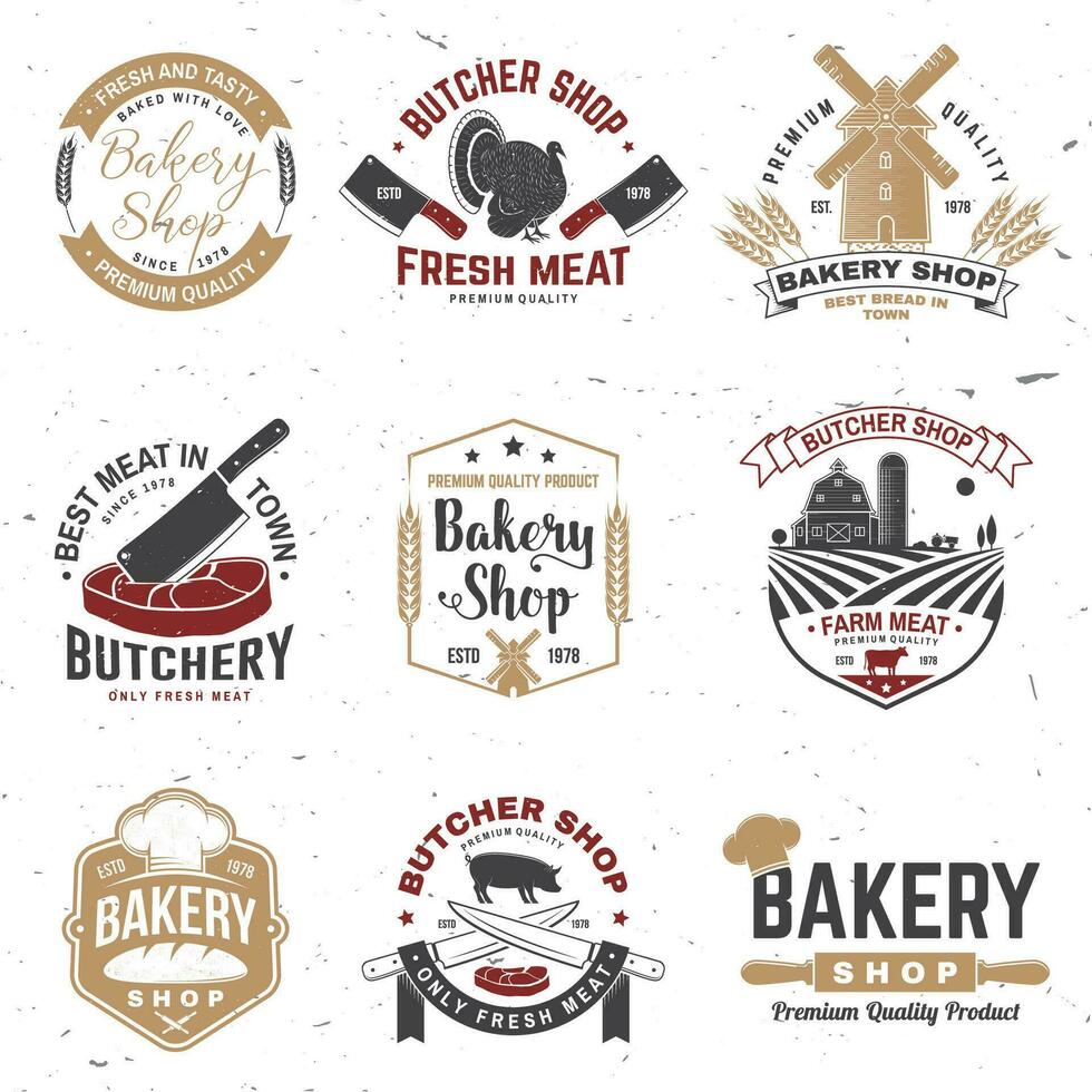 Set of butcher shop and Bakery shop badge, label. Vector. Vintage logo design with cow, turkey, rolling pin, pig, pork, silhouette. For restaurant identity objects, packaging, menu vector