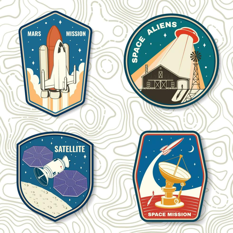 Set of space mission logo, badge, patch. Vector. Concept for shirt, print, stamp. Vintage typography design with space rocket, alien, ufo flying spaceship and satellite dishes silhouette. vector