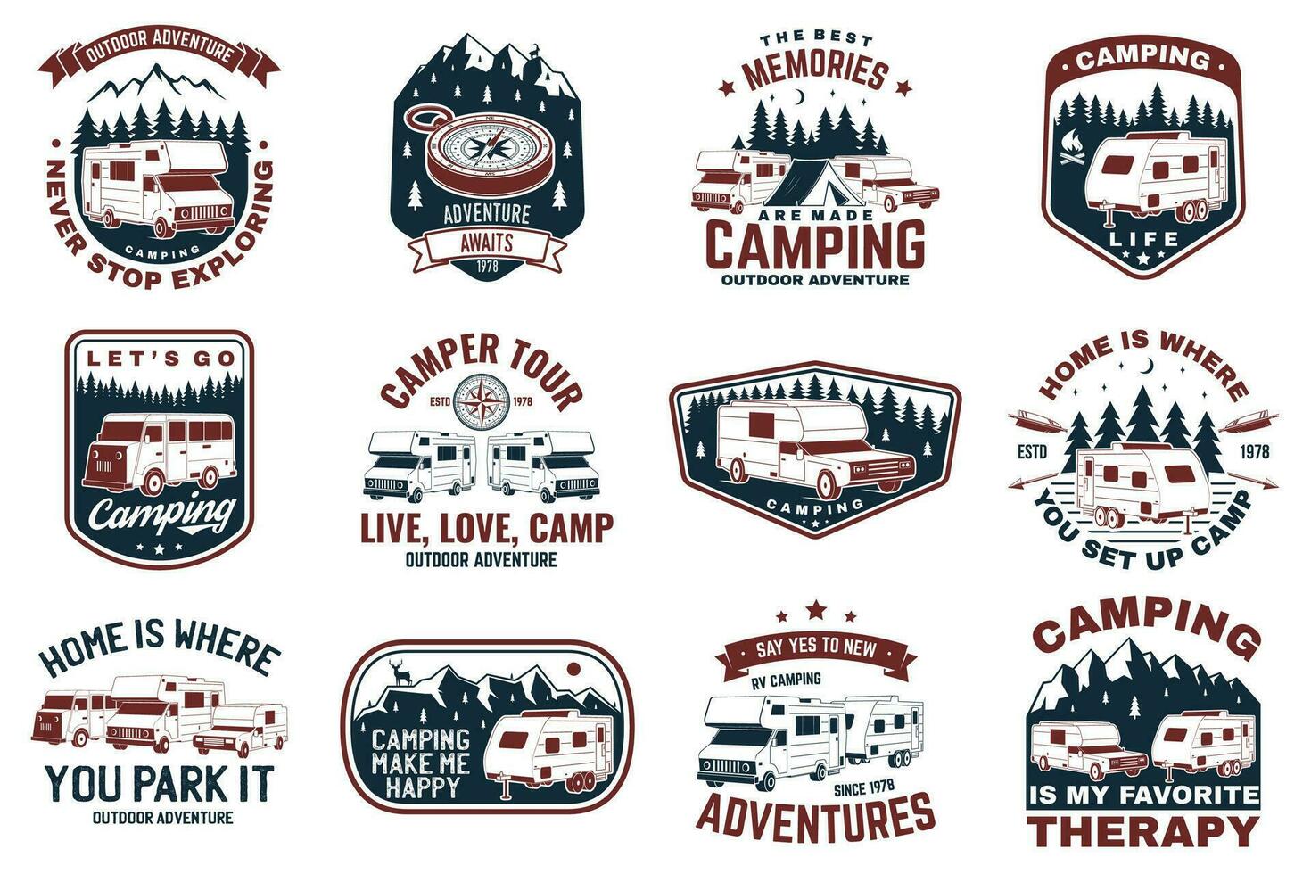 conjunto de rv cámping insignias, parches vector. concepto para camisa o logo, imprimir, sello o tee. Clásico tipografía diseño con rv casa rodante, cámping remolque y fuera del camino coche silueta. vector