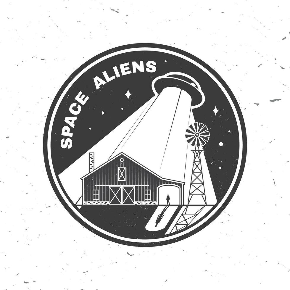 Space Aliens. Humans are not alone. Vector illustration Concept for shirt, print, stamp, overlay or template. Vintage typography design with ufo flying spaceship and farm silhouette.