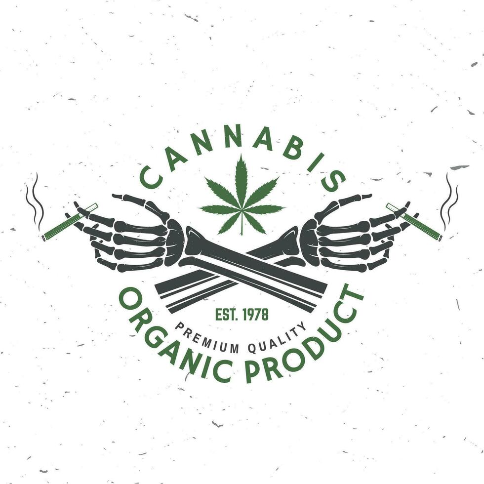Medical cannabis badge, label with skeleton hand, smoking marijuana Vector. Vintage typography logo design with cannabis, skeleton hand silhouette For weed shop, cannabis, marijuana delivery service vector
