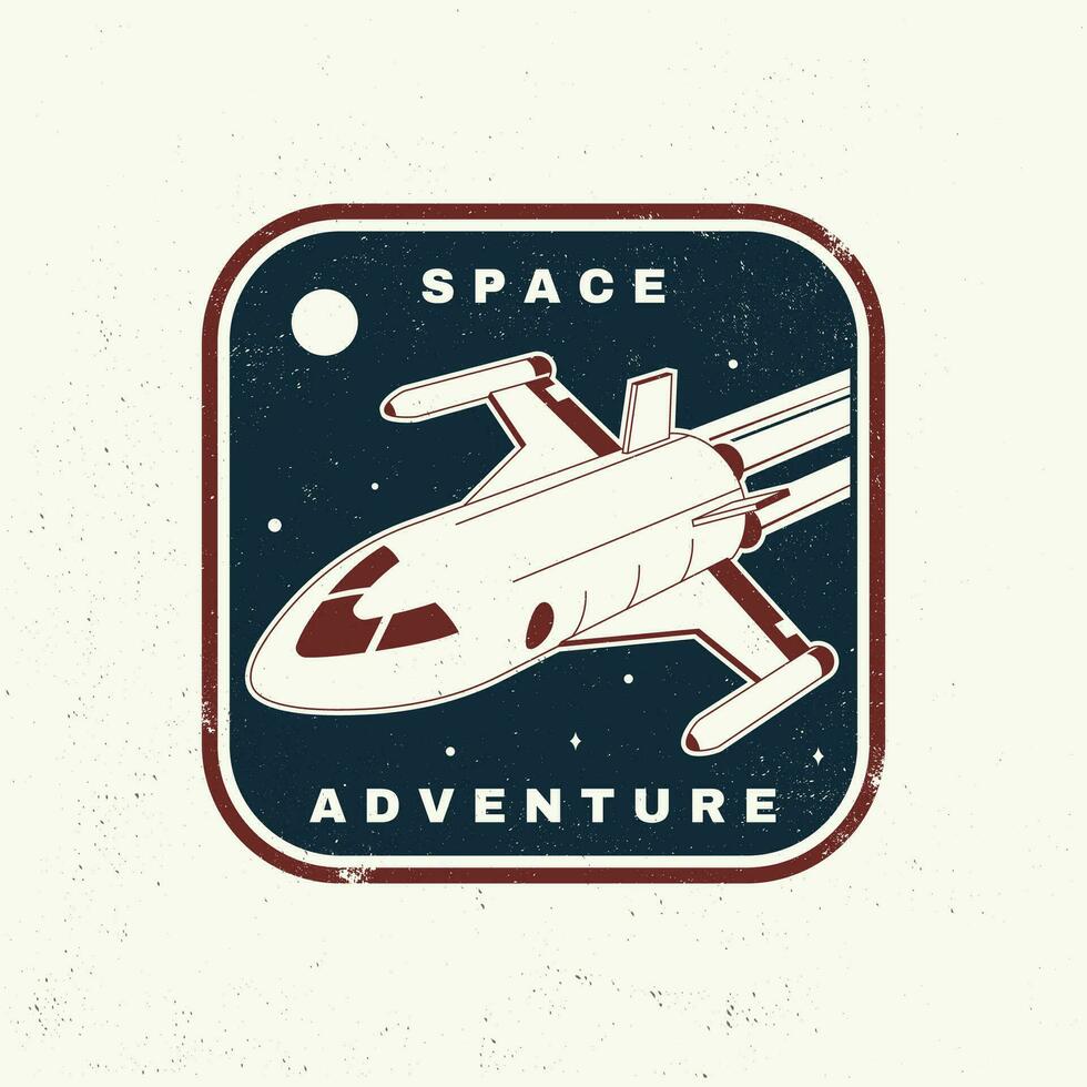 Space adventure logo, badge, shirt, t, design, print. Vector. Concept for shirt, print, stamp, overlay or template. Vintage typography design with space rocket and mars silhouette. vector