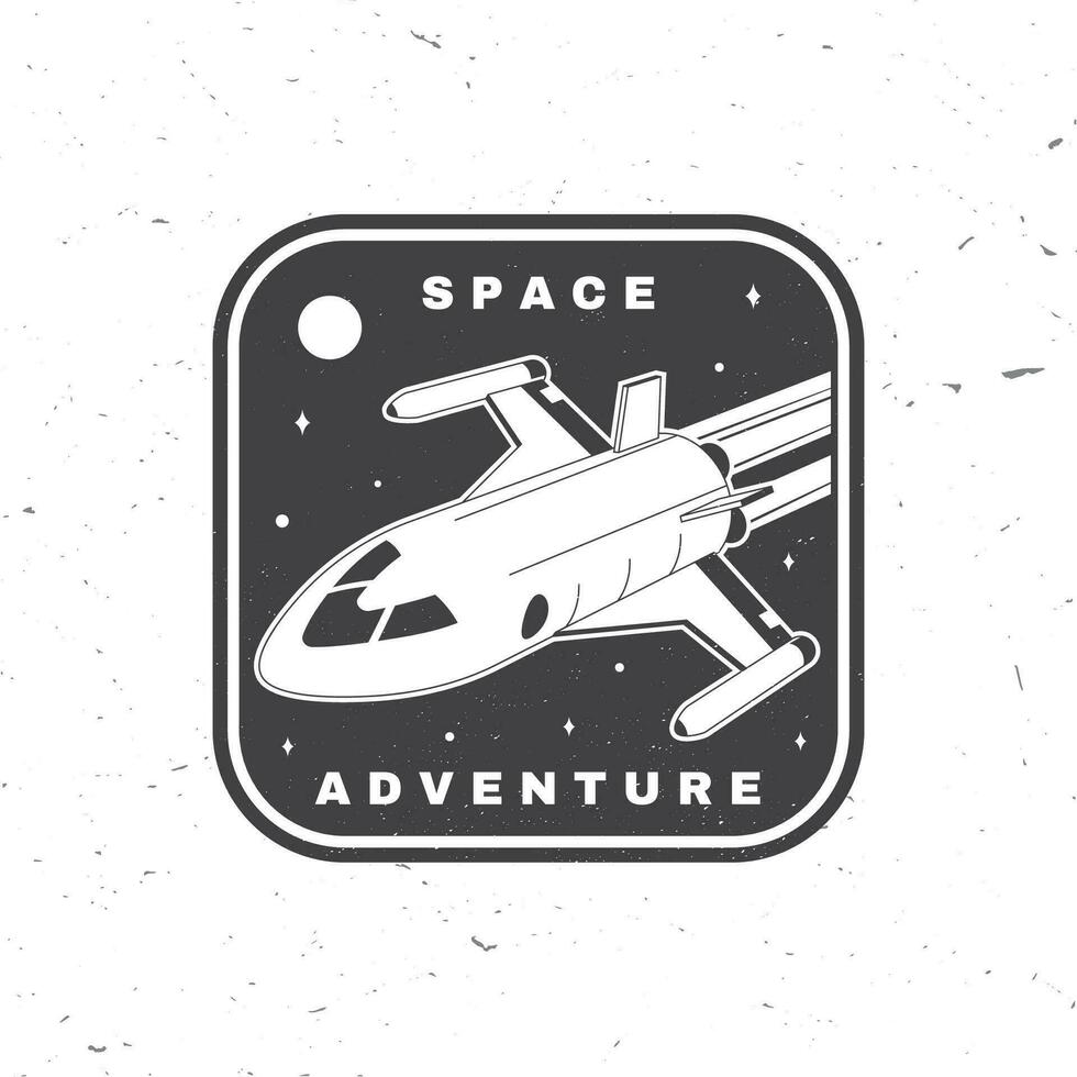 Space adventure logo, badge, patch. Vector. Concept for shirt, print, stamp, overlay or template. Vintage typography design with space rocket and mars silhouette. vector