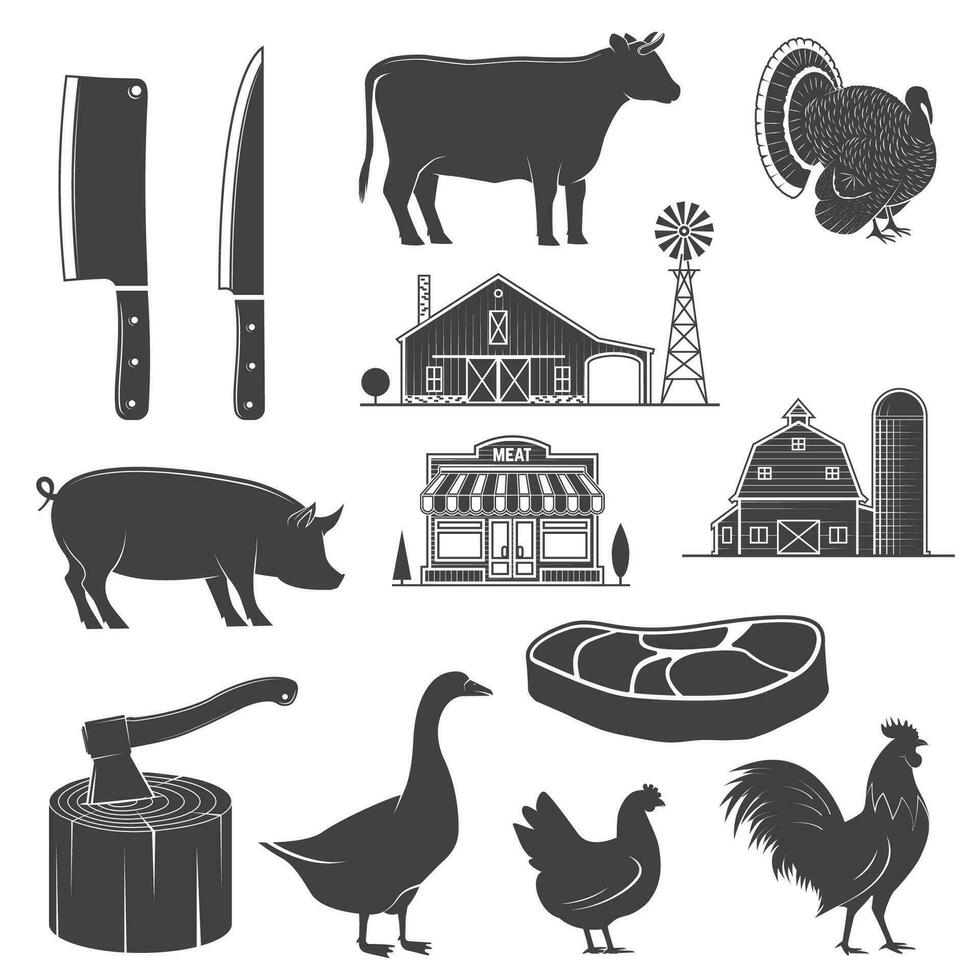 Farm animals, butsher shop, farm, steak, kitchen knife silhouettes isolated on white. Vector. Rural landscape with trees, farm, butchery shop vector