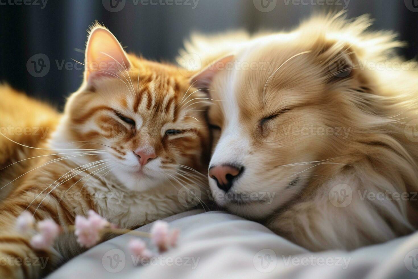 AI generated Peaceful tableau cat and dog enjoy a harmonious nap, fostering adorable companionship photo