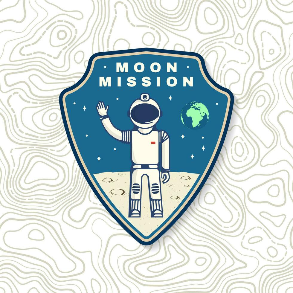 Moon mission logo, badge, patch. Vector. Concept for shirt, print, stamp, overlay or template. Vintage typography design astronaut on the moon and earth silhouette. vector
