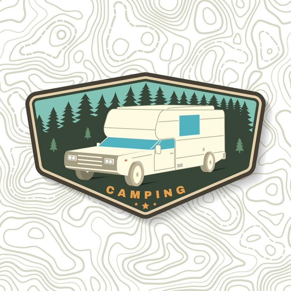 Summer camp. Vector. Camping trailer emblem or patch. Concept for shirt or logo, print, stamp or tee. Vintage typography design with RV Motorhome and forest silhouette. vector