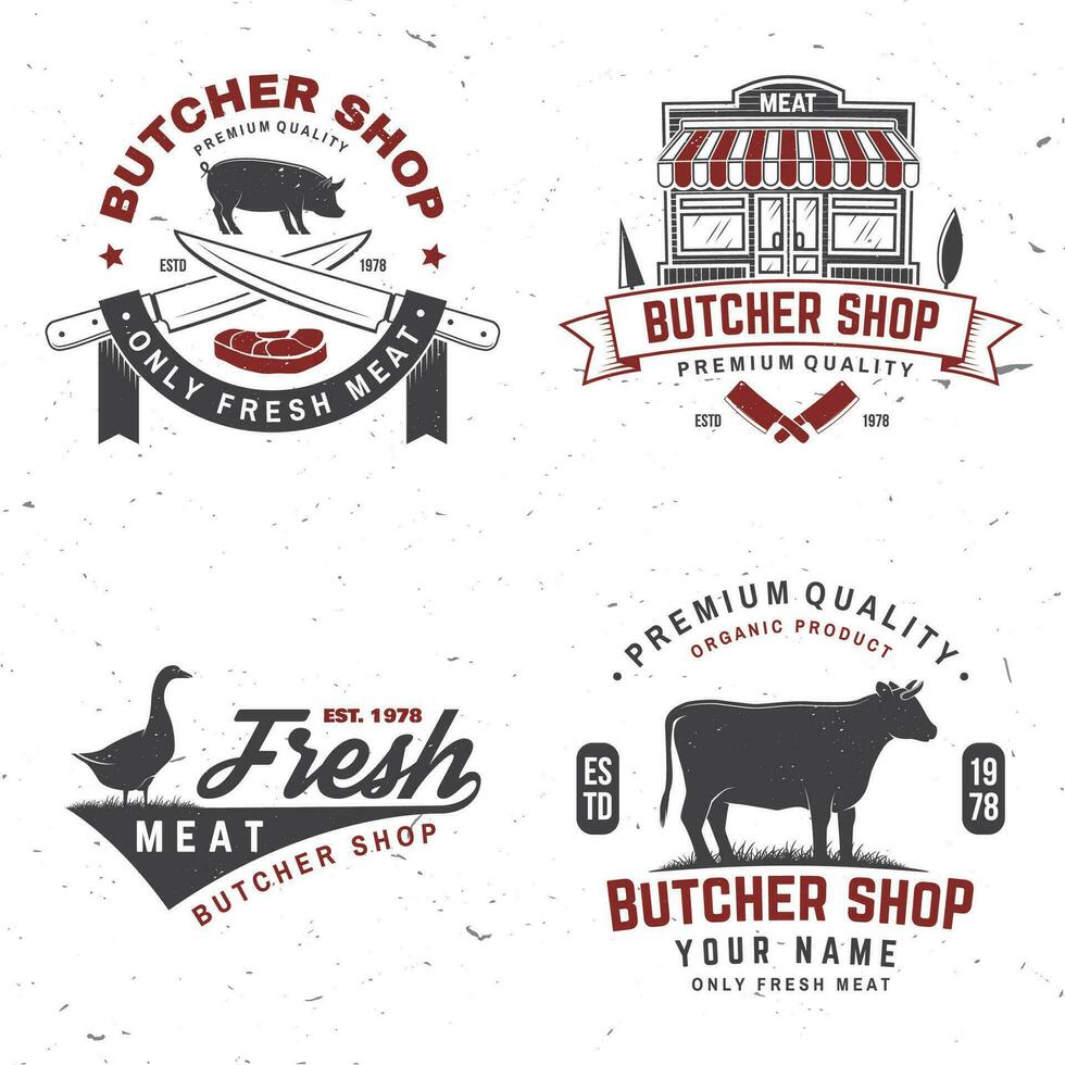 Set of butcher shop badge or label with cow, pig, goose. Vector. Vintage typography logo design with cow, pig, goose silhouette. Butchery meat shop, market, restaurant business. vector