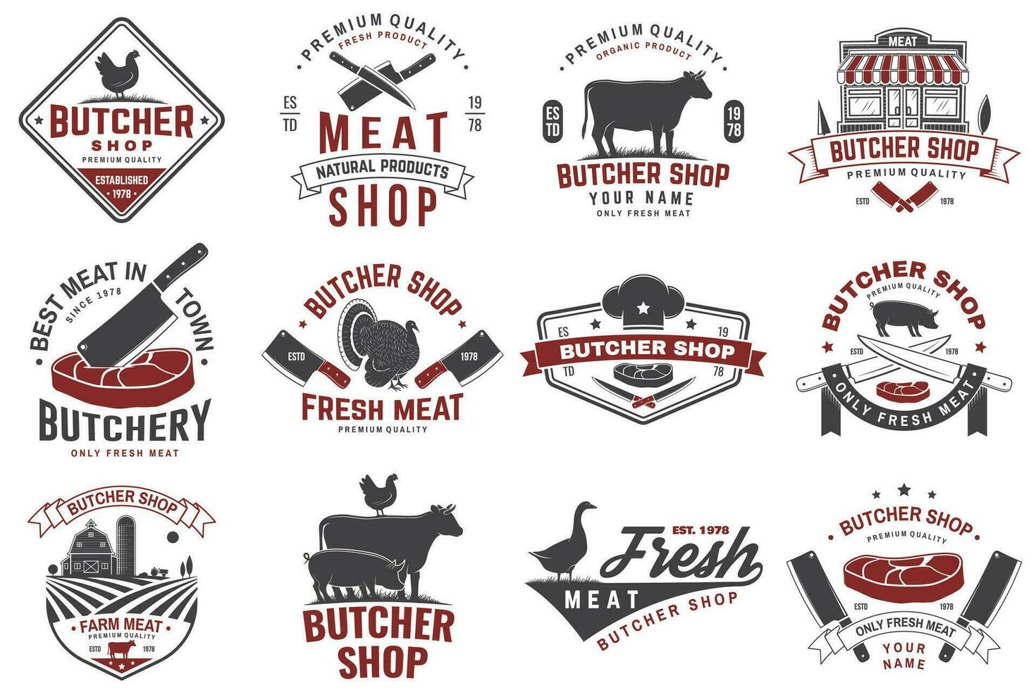 Set of butcher shop badge or label with cow, Beef, chicken. Vector. Vintage typography logo design with cow, chicken silhouette. Butchery meat shop, market, restaurant business. vector