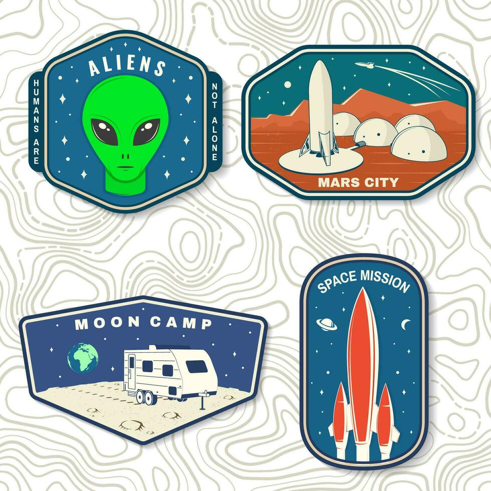 conjunto de espacio misión logo, insignia, parche. vector. concepto para camisa, imprimir, estampilla. Clásico tipografía diseño con espacio cohete, extraterrestre, Marte ciudad, camper camioneta en el Luna y tierra silueta vector