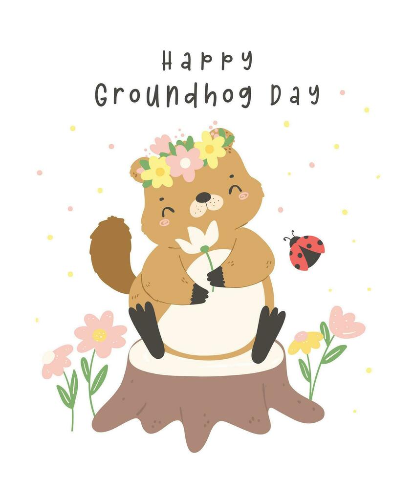 happy groundhog day with cheerful cartoon groundhog holding spring flowers. vector