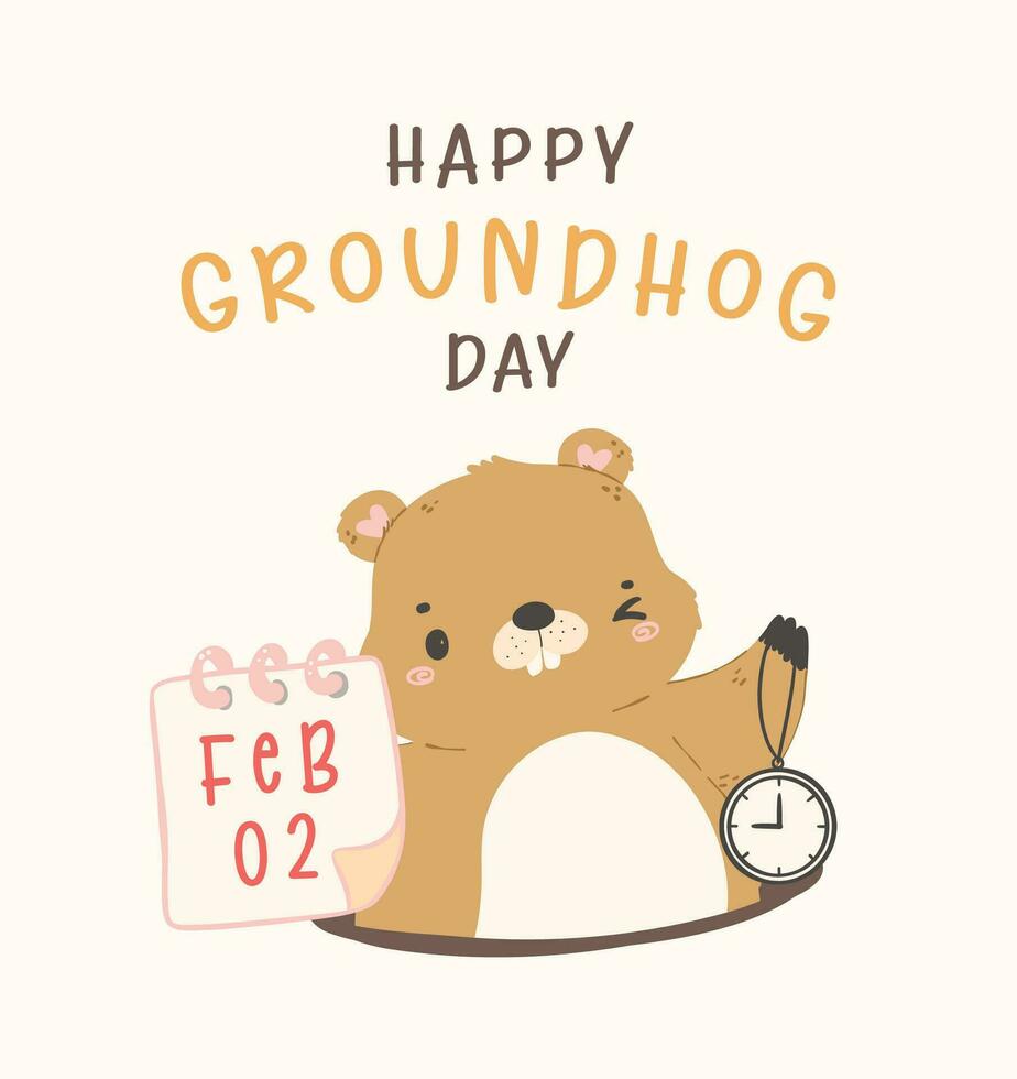 Happy groundhog day with cheerful cartoon groundhog holding calendar Feb 2 and clock vector