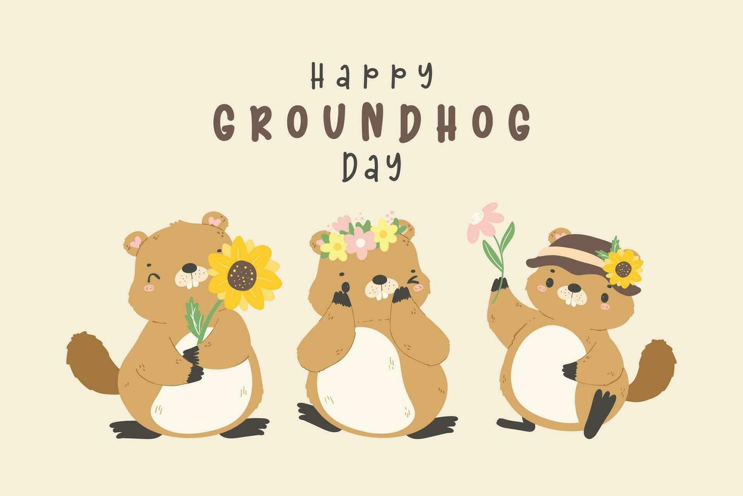 Happy groundhog day with group of cheerful cartoon groundhogs celebrating early spring banner. vector