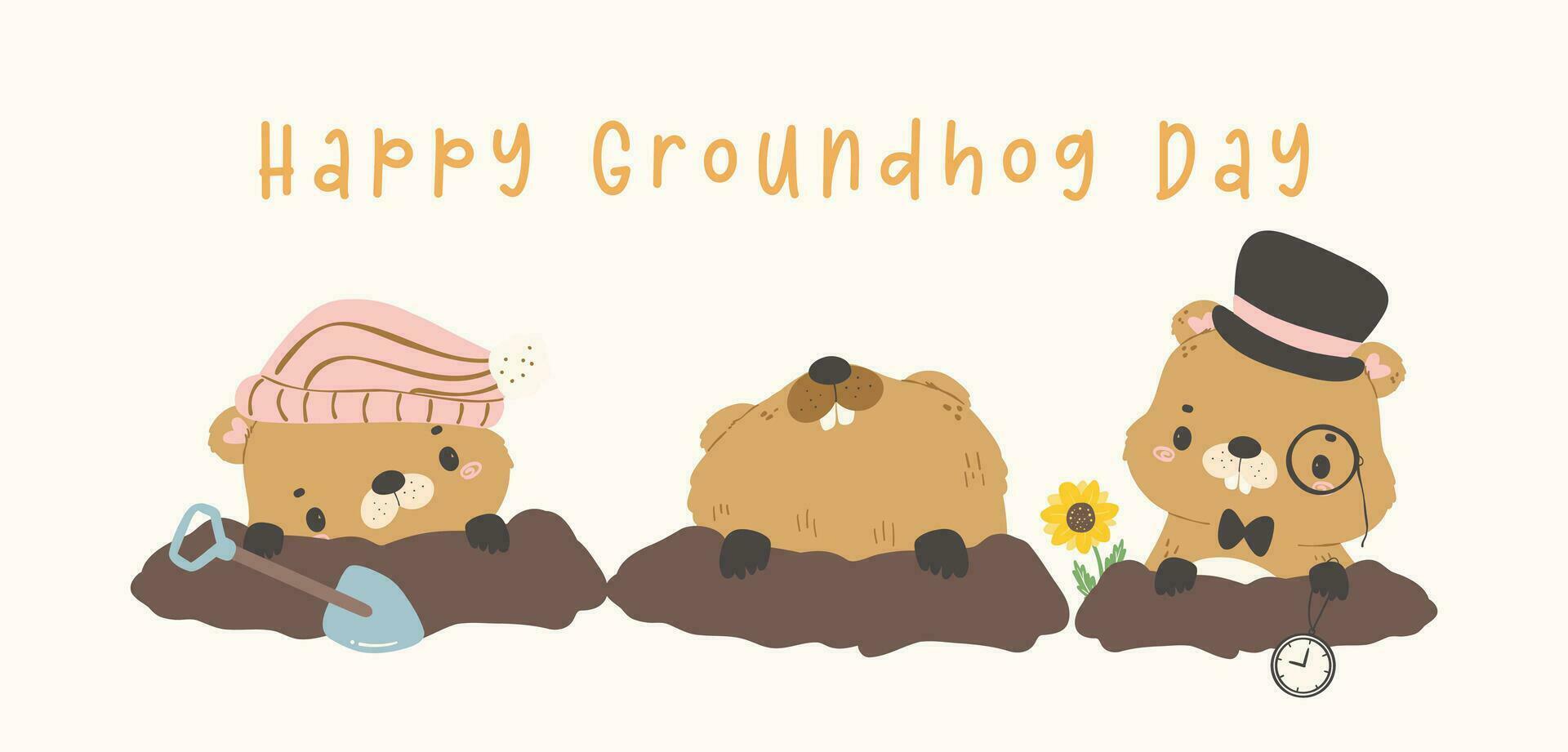 Happy groundhog day with group of cheerful cartoon groundhogs in burrow predicting weather banner. vector