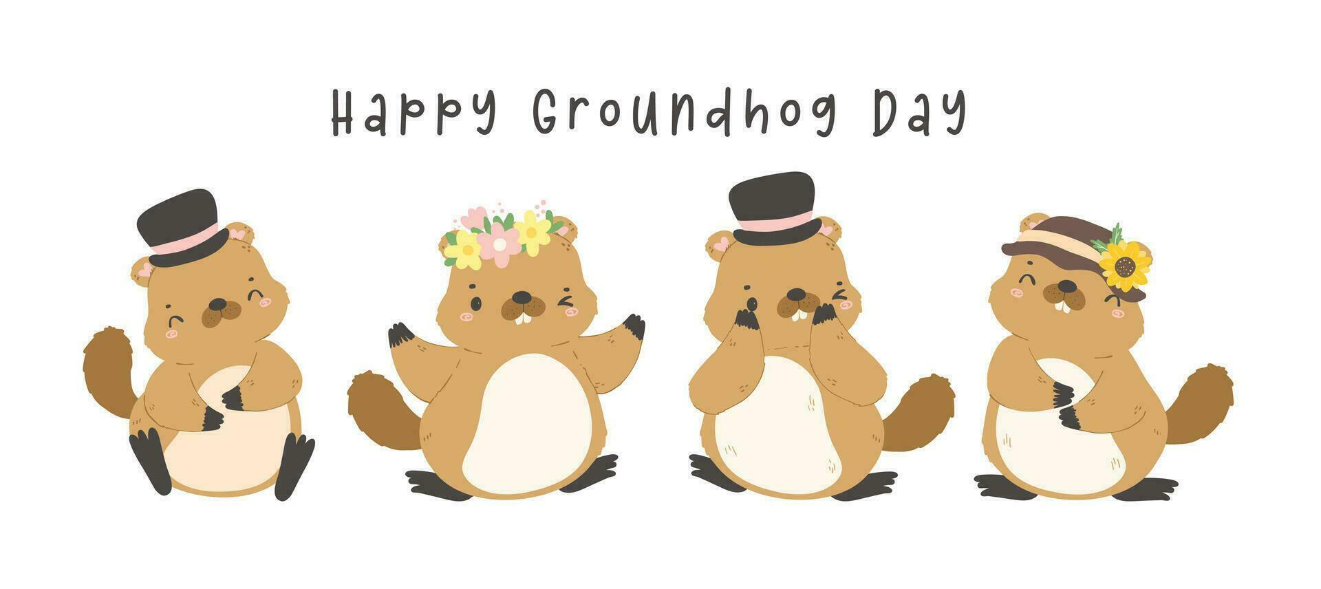 Happy groundhog day with group of cheerful cartoon groundhogs banner. vector