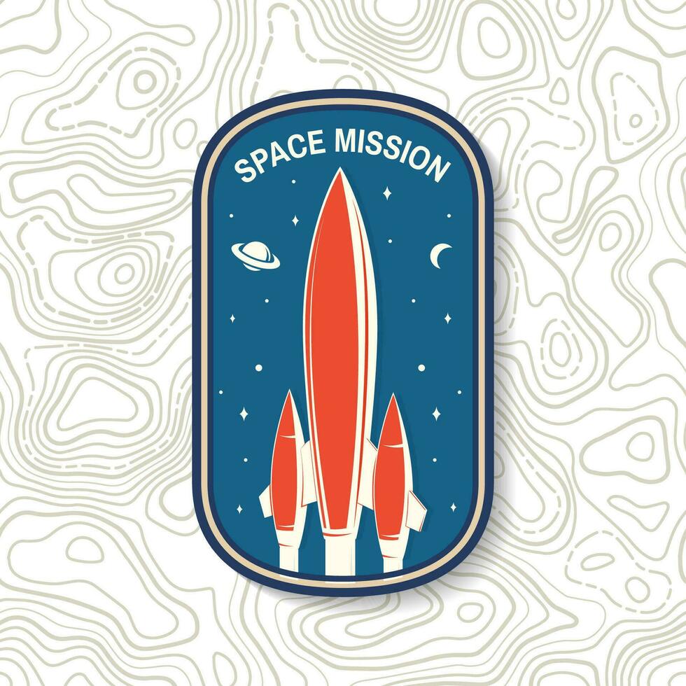 Space mission logo, badge, patch. Vector. Concept for shirt, print, stamp, overlay or template. Vintage typography design with space rocket and mars silhouette. vector