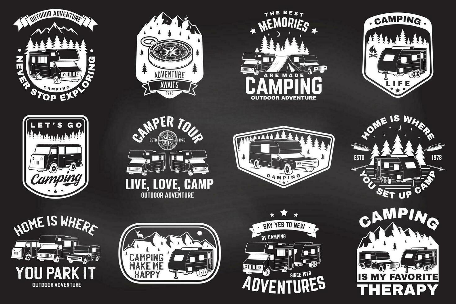 conjunto de al aire libre aventuras citas. vector. concepto para camisa o logo, imprimir, sello o tee. Clásico diseño con montañas, cámping remolque, camper camioneta y bosque silueta vector