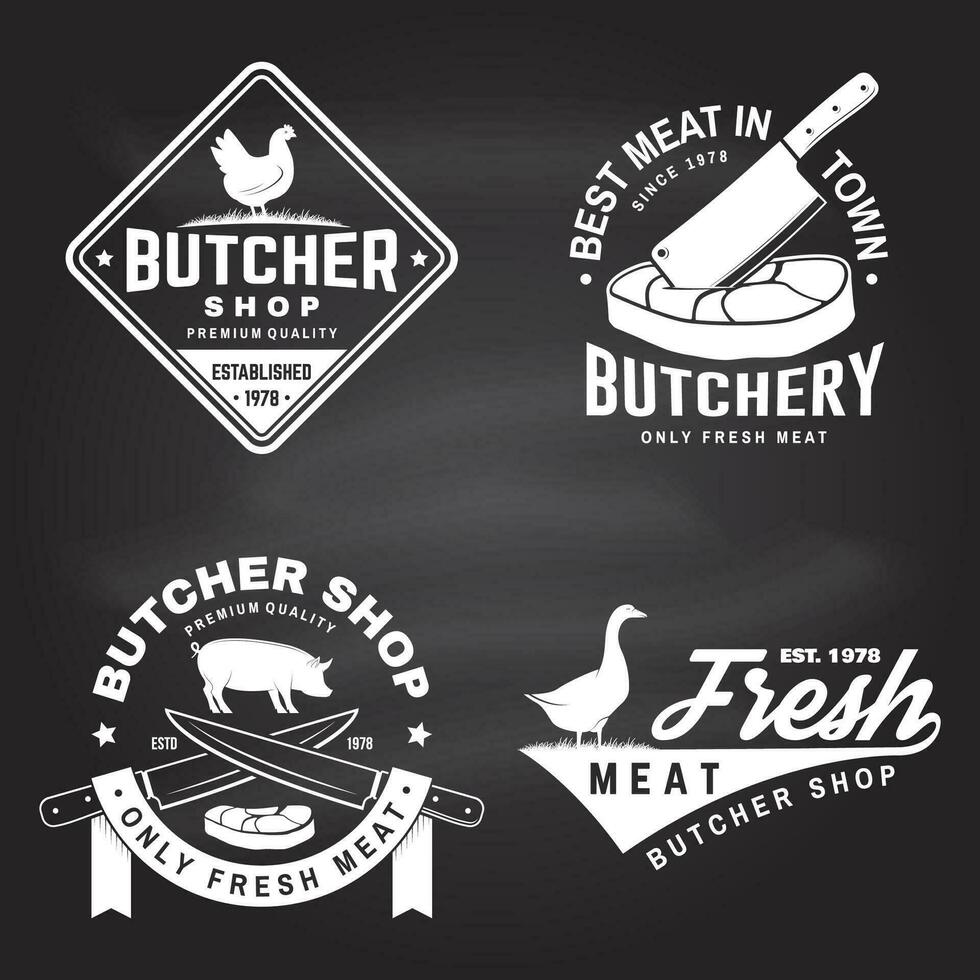 Set of butcher shop badge or label with goose, chicken, cow, pig and kitchen knife on chalkboard. Vector illustration. Butchery meat shop, market, restaurant business.