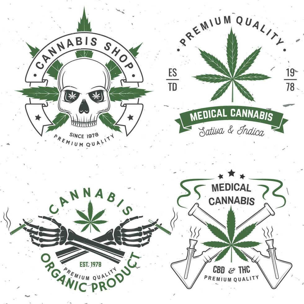 Set of medical cannabis badge, label with skull, skeleton hand, smoking marijuana. Vector Vintage typography logo design with cannabis, skeleton hand silhouette For weed shop, marijuana delivery