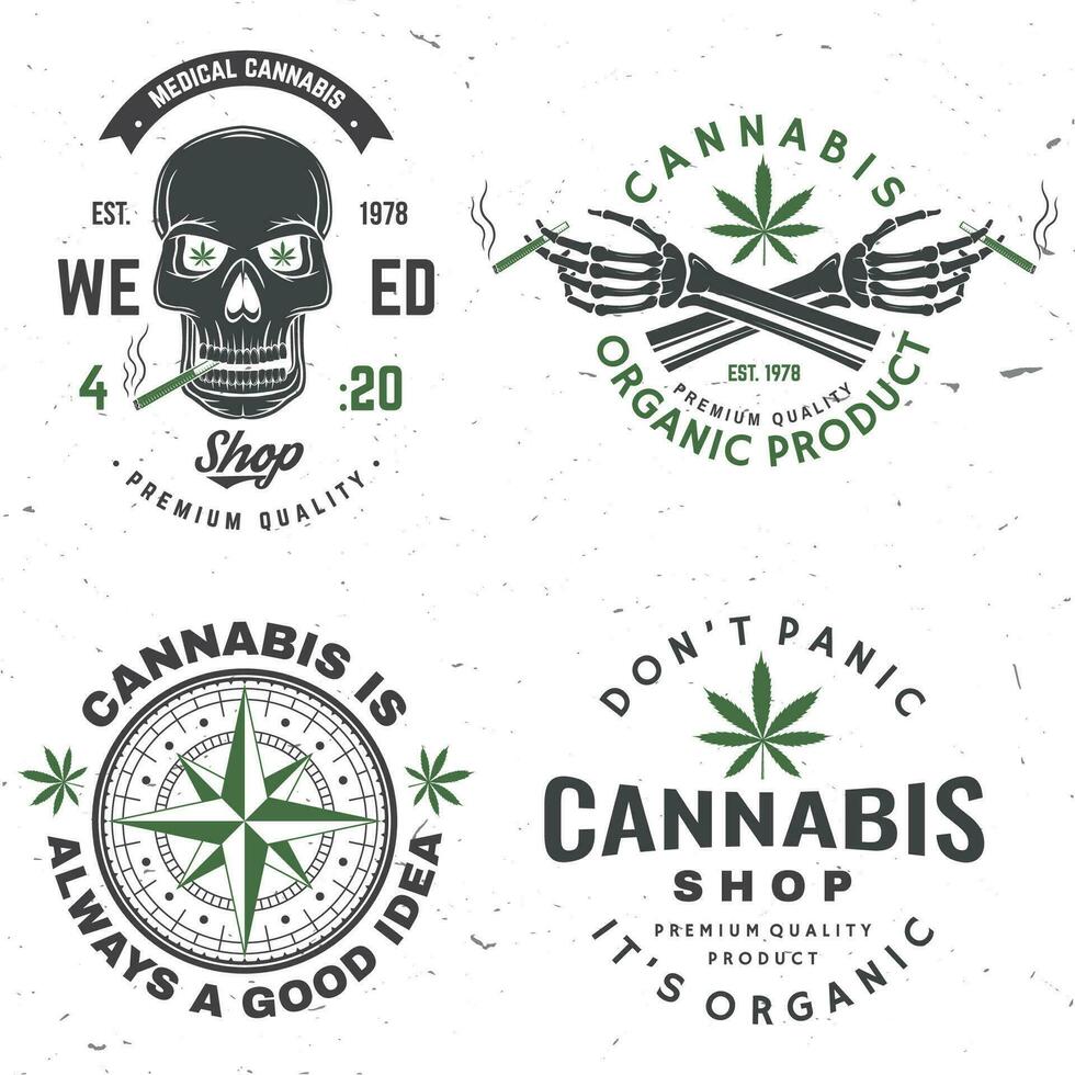 Medical cannabis badge, label with skeleton hand, smoking marijuana Vector. Vintage typography logo design with cannabis, skeleton hand silhouette For weed shop, cannabis, marijuana delivery service vector