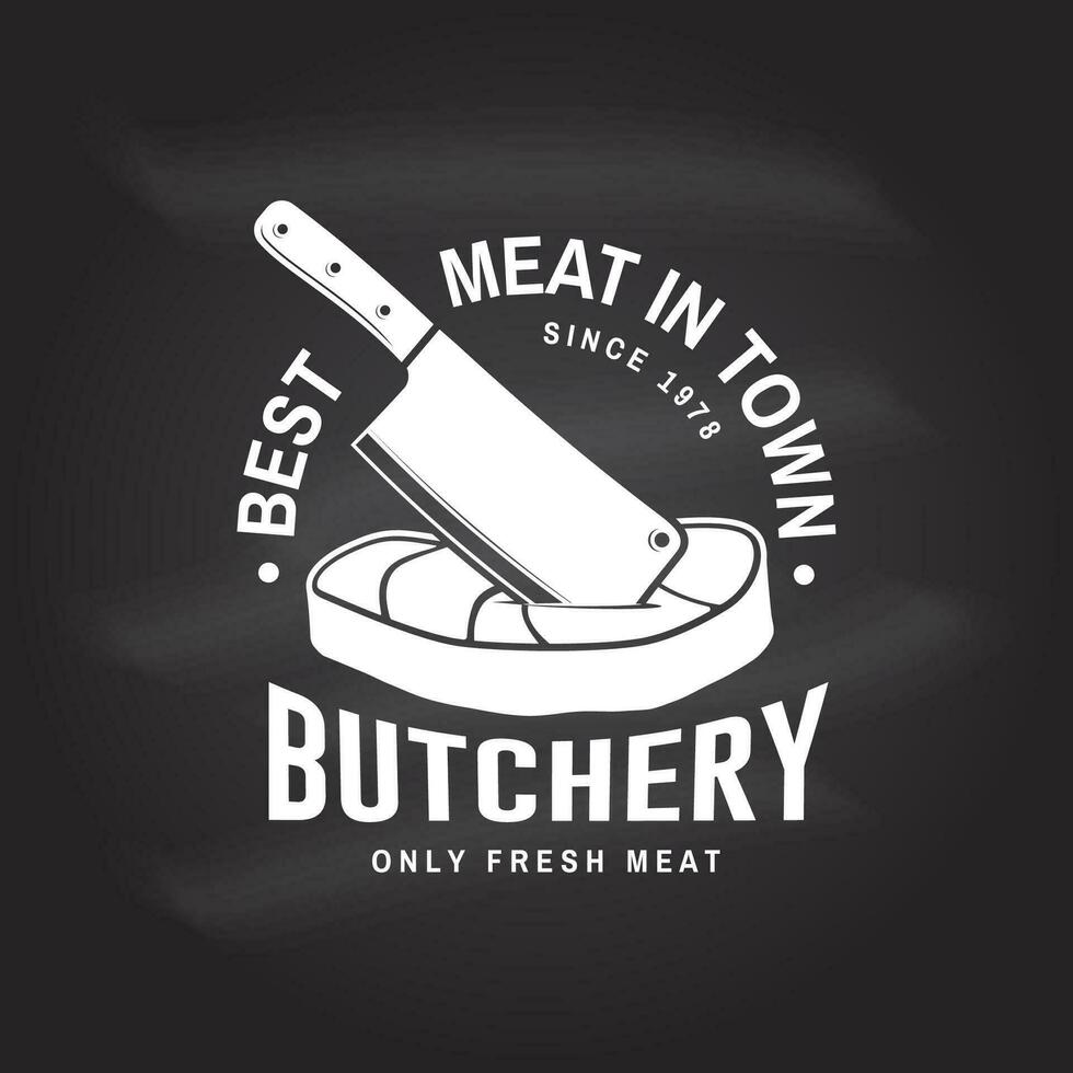 Butcher meat shop Badge or Label with Steak and kitchen knife. Vector Vintage typography logo design with steak, kitchen knife silhouette. Elements on the theme of the meat shop, market, restaurant