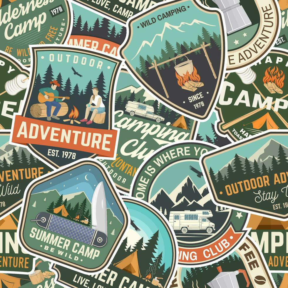 Summer camp colorful seamless pattern with rv trailer, camping tent, campfire, bear, man with guitar and forest. Vector. Background, wallpaper, seamless pattern with patches vector