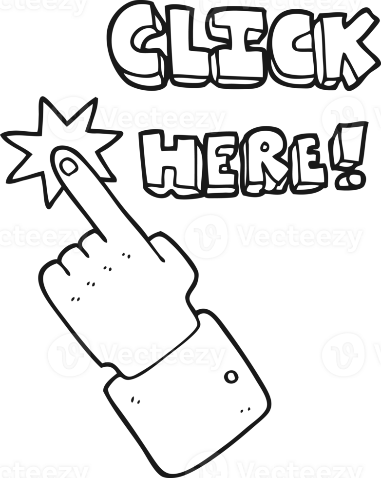 black and white cartoon click here sign with finger png