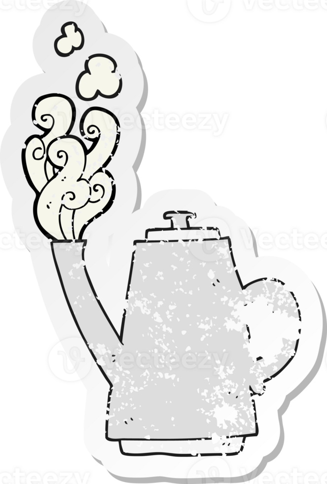retro distressed sticker of a cartoon steaming coffee kettle png
