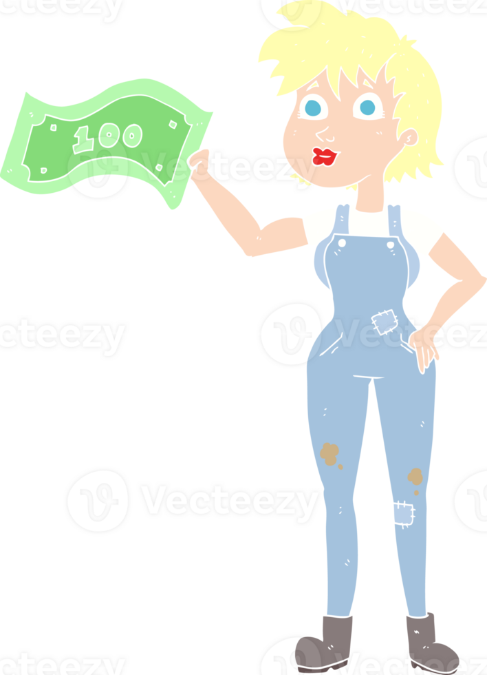 flat color illustration of a cartoon confident farmer woman with money png