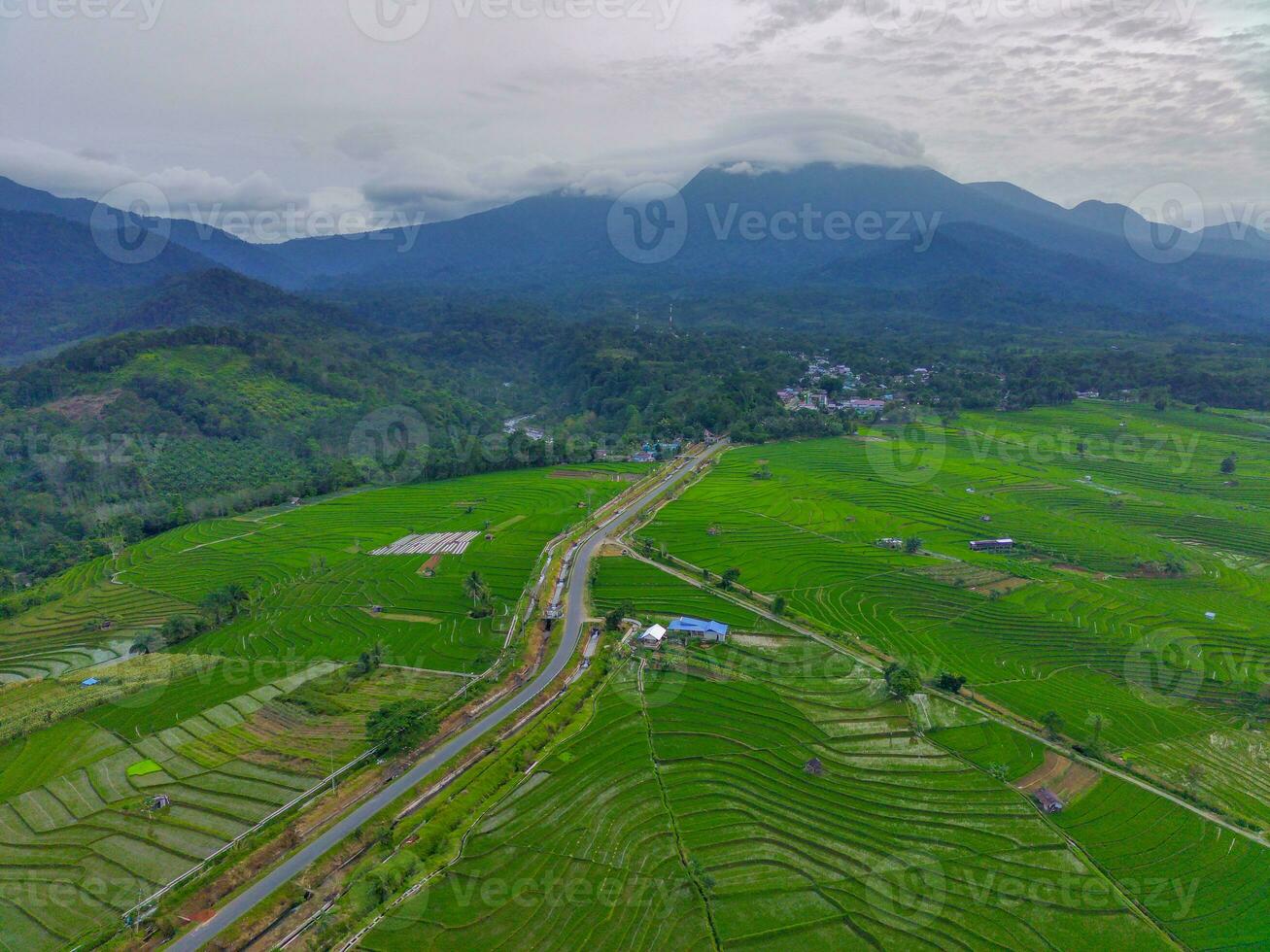the beauty of the morning panorama with sunrise in indonesia village photo