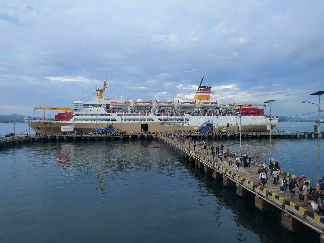 Bau-bau, Indonesia - November 22, 2022 - Photo of the Dobonsolo ship arriving and docking at Murhum port, Bau-bau city.