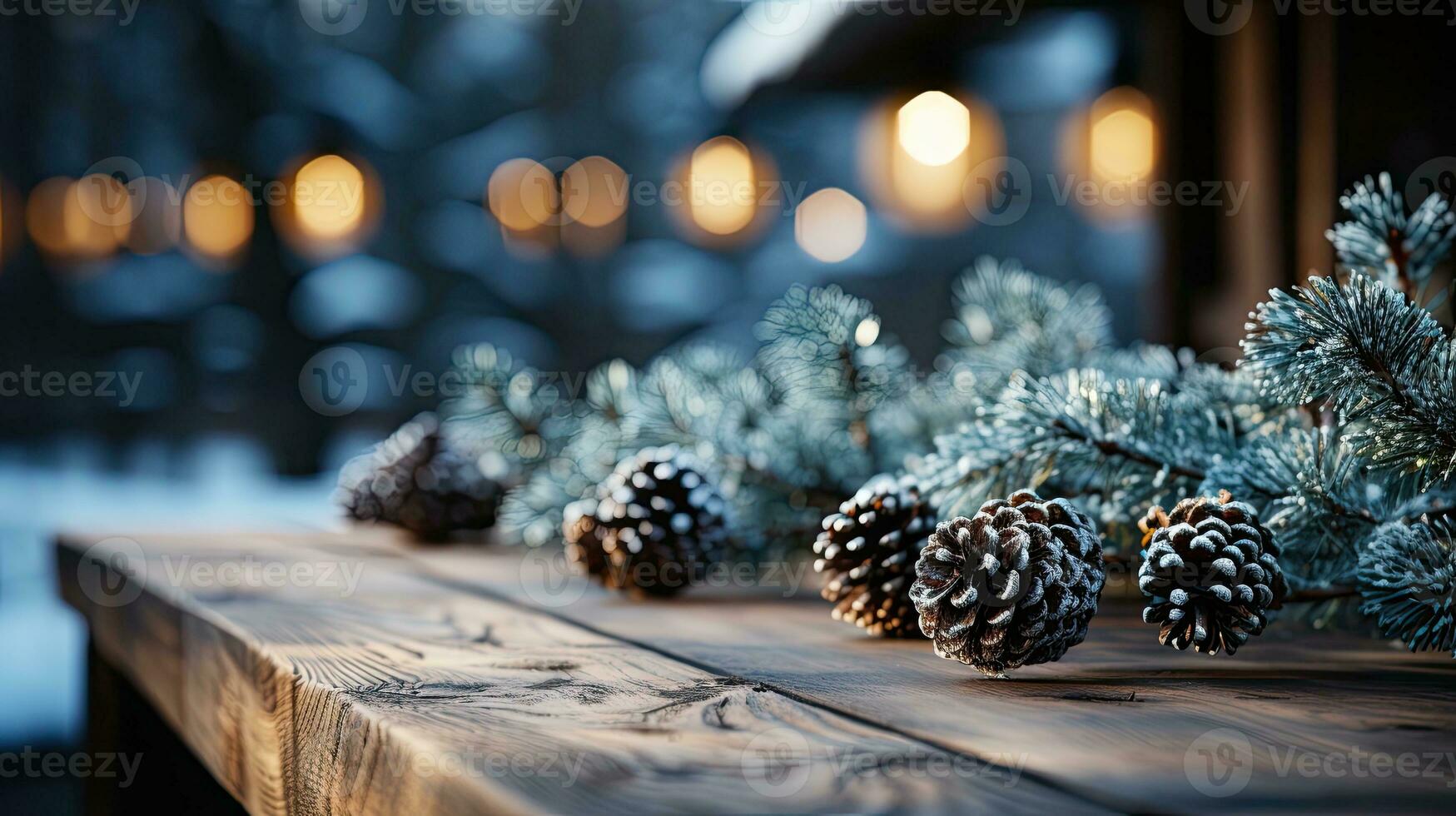 AI generated Wooden table against a background of a blurred winter landscape. and on the table there is a fir branch with cones. Village in the mountains. Copy space. photo