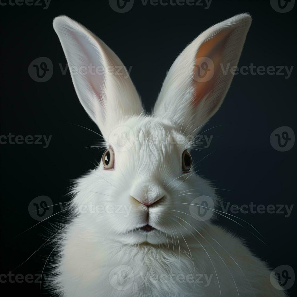 AI generated Portrait of a white rabbit on a dark background. Easter symbol. Copy space. Place for text. photo