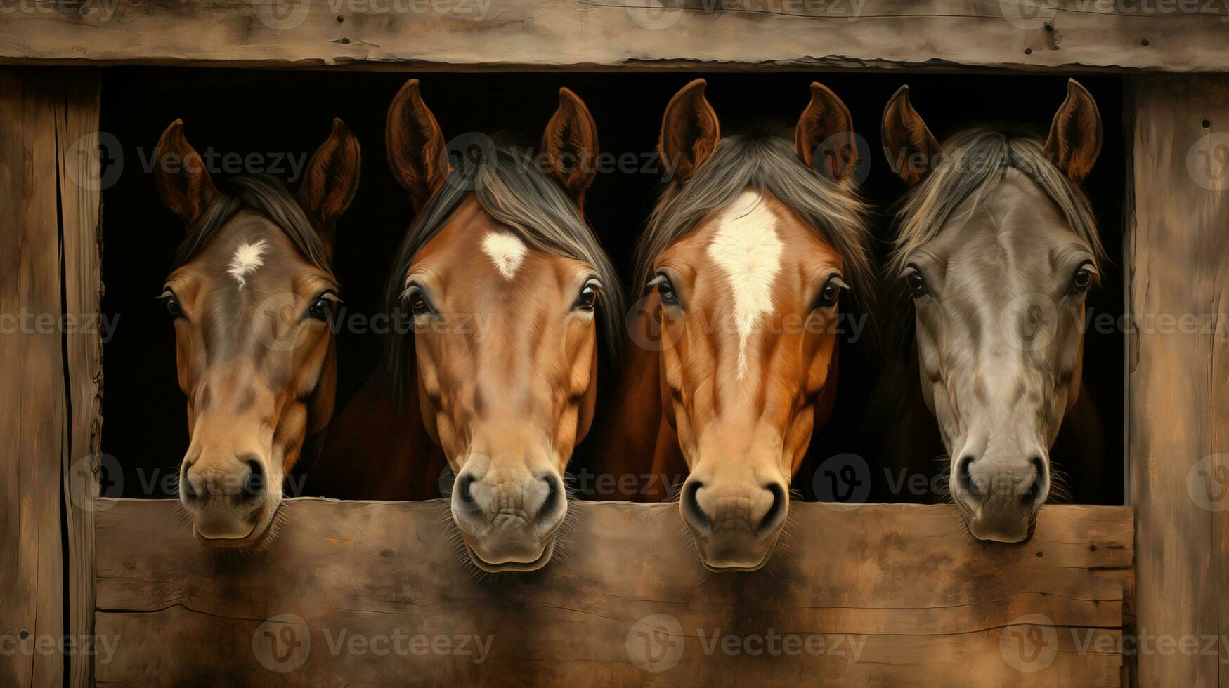 AI generated Four horses lean out of a wooden stall. A stable or ranch with horses. Horizontal format. photo