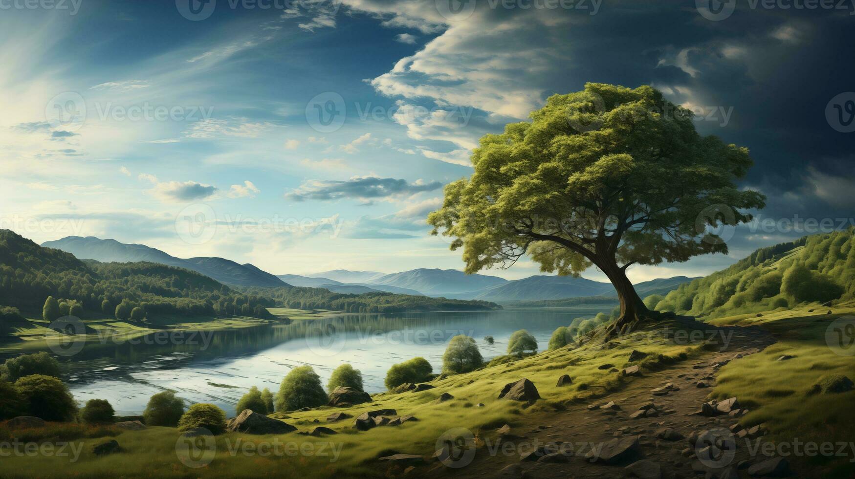 AI generated Peaceful landscape. River and tree on the bank. Summer. Horizontal format. photo