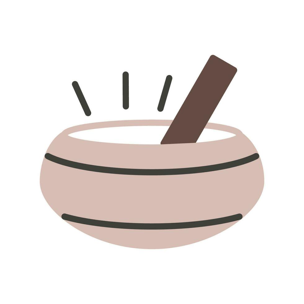 Tibetan singing bowl with a wooden resonant stick. Hand Percussion outline colored vector icon isolated on white background. Sound healing. Meditation and yoga, healthy spiritual life concept.