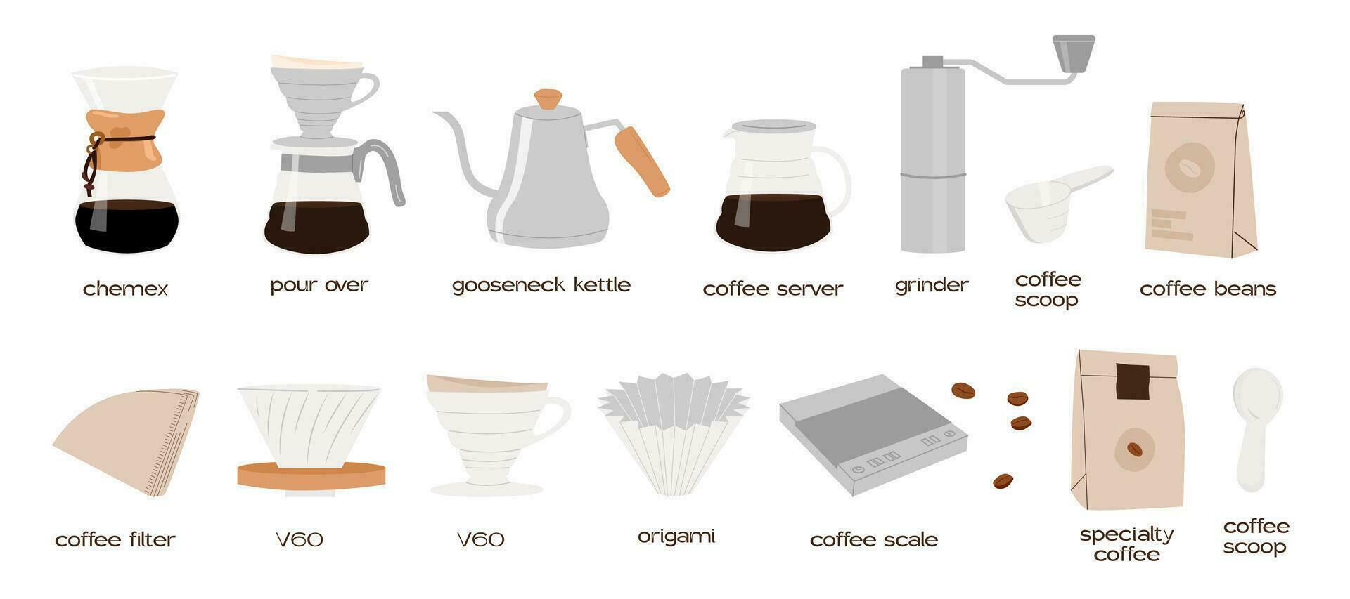 Set for pour over drip coffee colored flat style trendy graphics. Manual alternative coffee brewing methods and tools hand drawn doodle style icons. Vector minimalist isolated illustration for cafe.