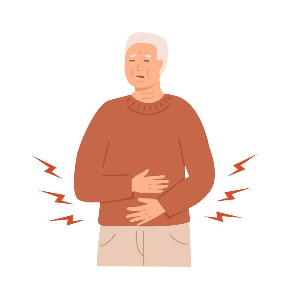 medio años hombre teniendo un abdominal dolor. enfermo antiguo mayor ciudadano sensación indispuesto y sostiene su estómago. Dolor de estómago. mayor paciente, mayor cuidado. vector plano ilustración aislado en blanco.