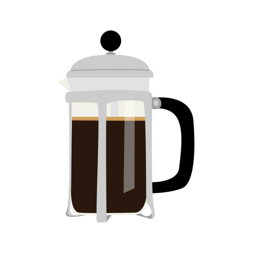 Alternative coffee brewing methods. French press glass pot with hot freshly brewed speciality coffee. Hand drawn colored trendy isolated vector illustration.