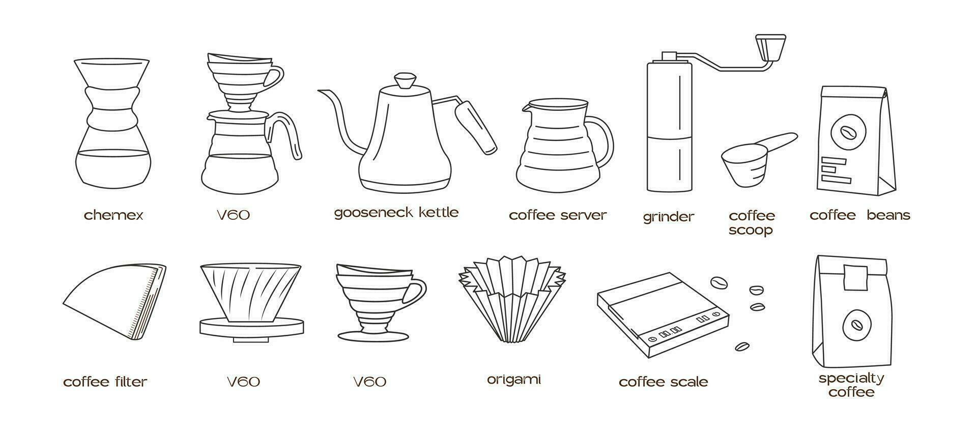 Manual alternative coffee brewing methods and tools hand drawn doodle style icons. Set for pour over drip coffee outline thin line graphics. Vector flat style isolated illustration for cafe menu.