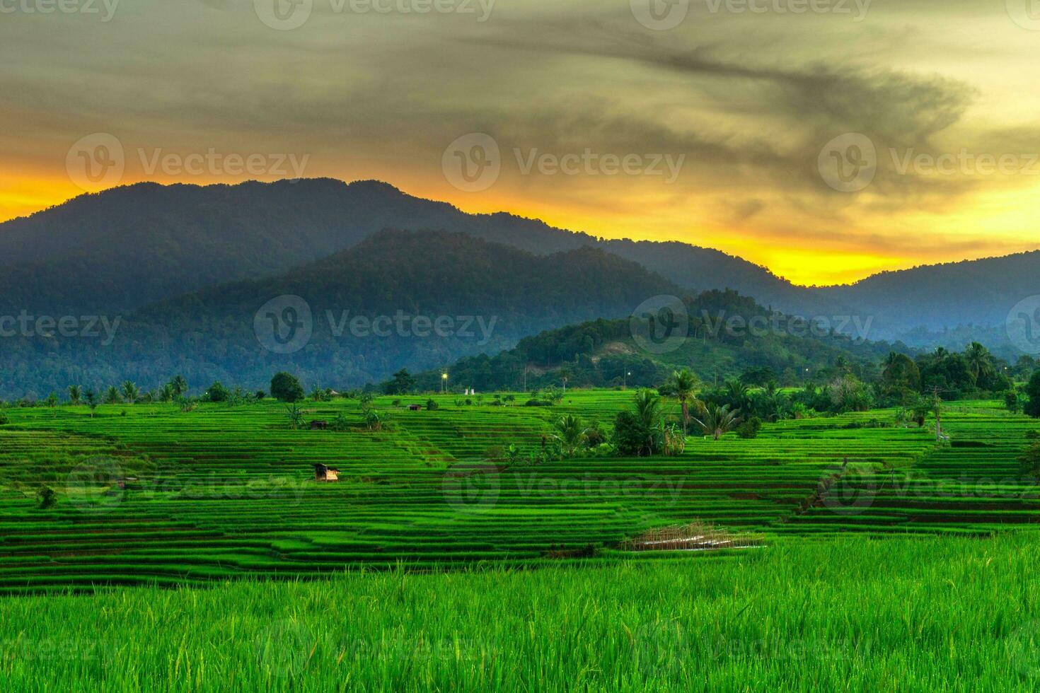 the beauty of the morning panorama with sunrise in indonesia village photo